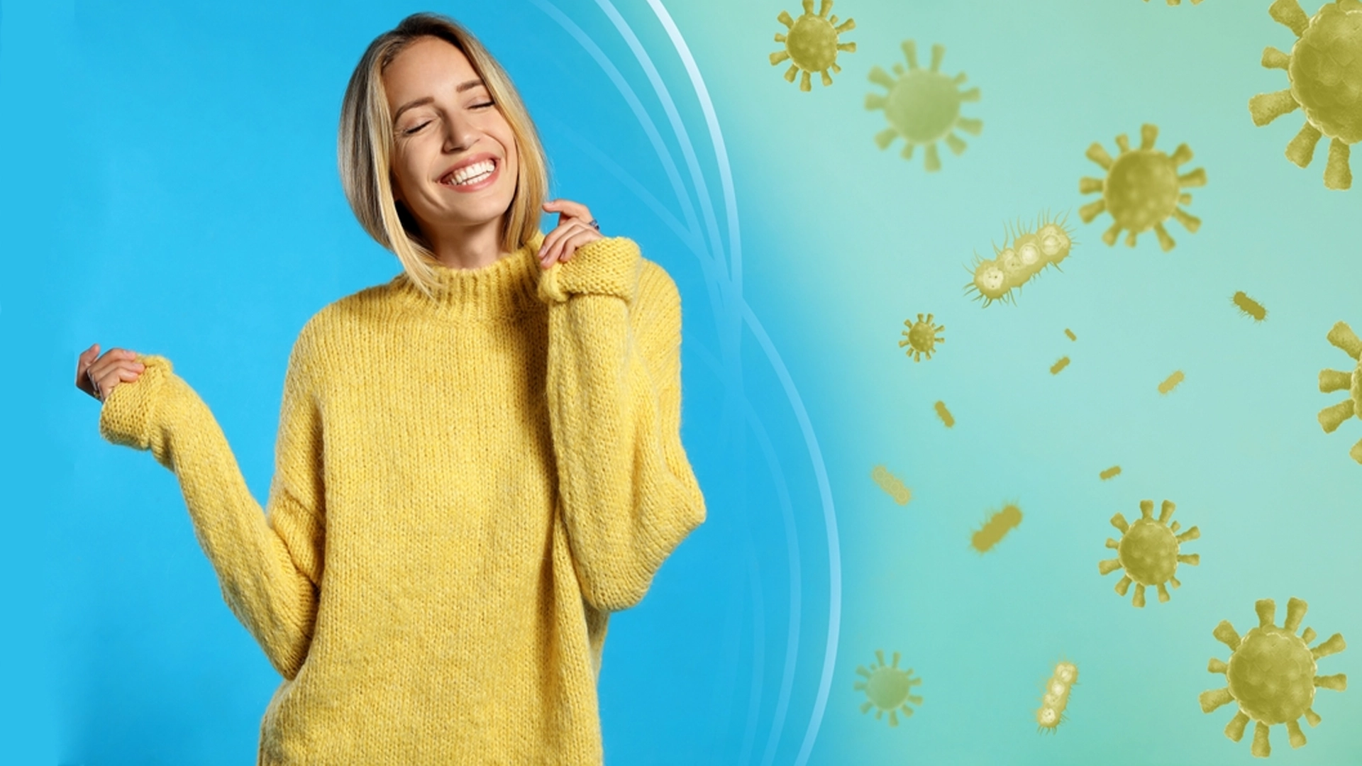 Açık mavi arka planda virüslerle çevrili güçlü bağışıklığa sahip kadın