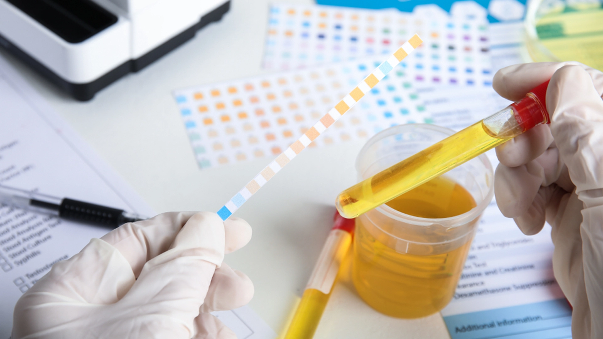 Doktor, beyaz masada analiz için idrar örneği içeren test tüpünü tutuyor, yakın çekim