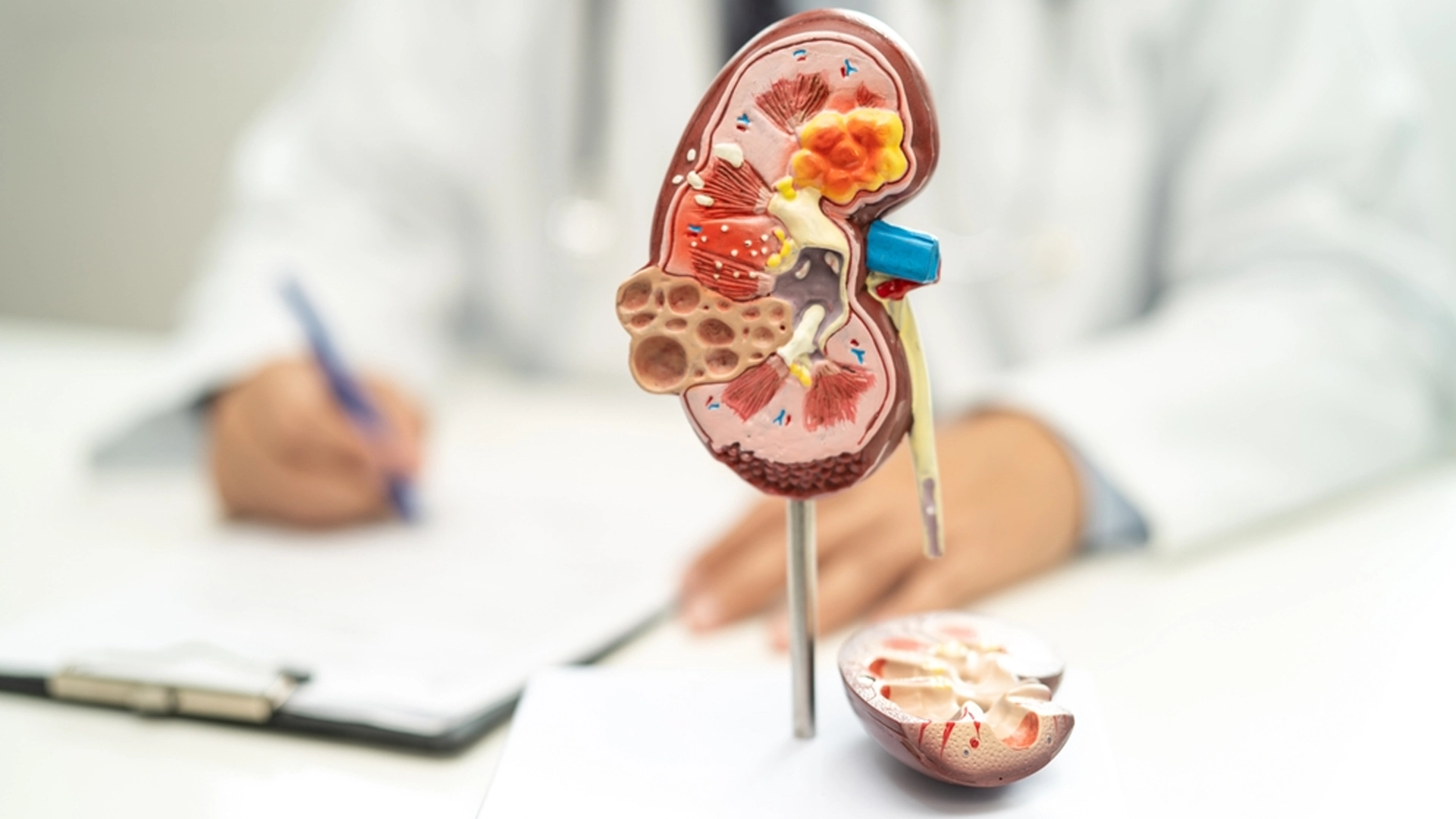 Böbrek hastalığı, Kronik böbrek hastalığı CKD, Hastanede insan modeliyle çalışmak ve tedavi etmek için doktor.